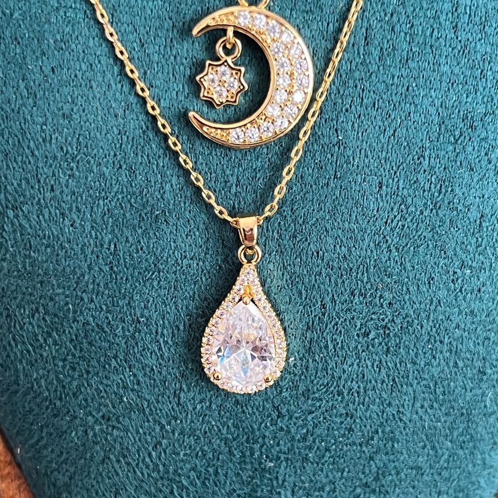 18k GF Gold Layer Necklace Set w/ Pear & Moon Pendants; Star Ring; HeartBracelet - Picture 4 of 10